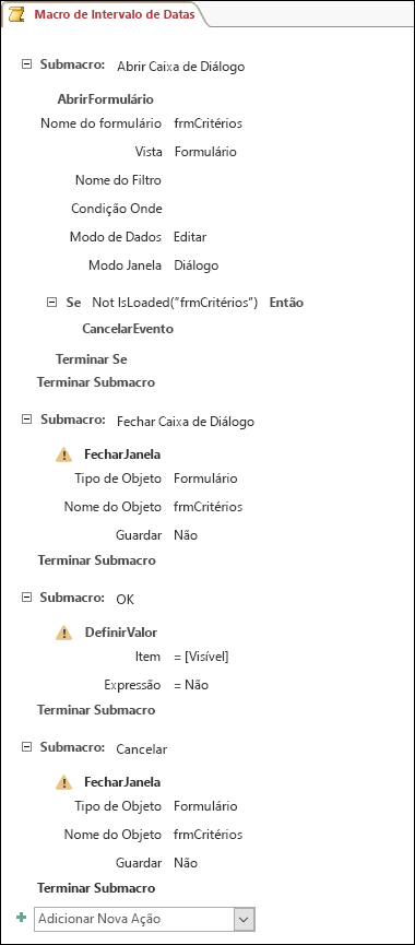 Captura de ecrã de uma macro do Access com quatro submacros e ações.