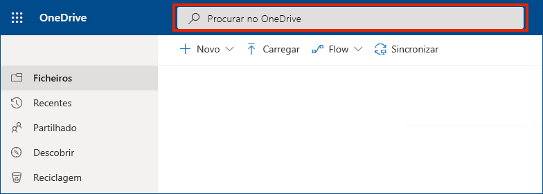 OneDrive para Empresas online com a barra de pesquisa na parte superior