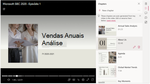 Um vídeo é aberto num browser. À direita do vídeo, um painel apresenta uma lista de capítulos que foram gerados automaticamente a partir de um PowerPoint.