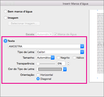 A caixa de diálogo Inserir Marca d'Água com um realce à volta das opções de Texto