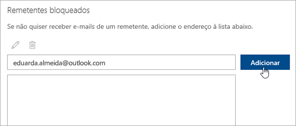 Captura de ecrã a mostrar a caixa de remetentes bloqueados