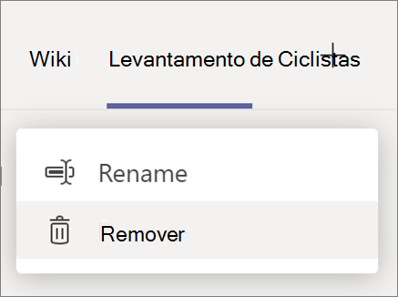 Captura de ecrã do menu pendente do separador a mostrar as opções Mudar o Nome e Remover