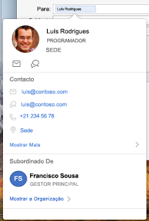 Cartão de contacto no calendário do Outlook