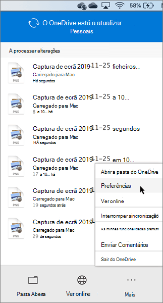 Captura de ecrã a mostrar a definição das preferências pessoais do OneDrive