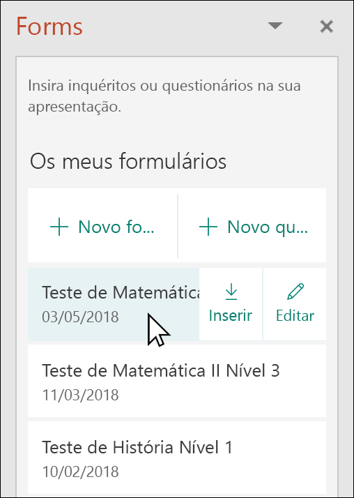 Inserir um formulário ou questionário a partir do painel Microsoft Forms no PowerPoint