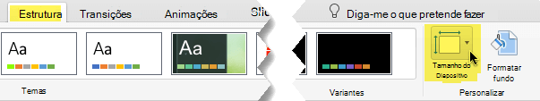 O botão Tamanho do Diapositivo encontra-se na extremidade direita do separador Estrutura na barra de ferramentas