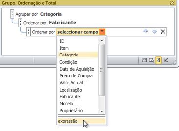 Escolher a opção de expressão no painel Grupo, Ordenação e Total.