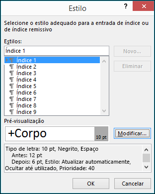 A caixa de diálogo Modificar Estilo permite-lhe atualizar o aspeto do texto no seu índice.