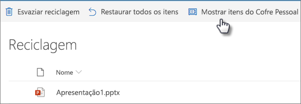 Vista da Reciclagem do OneDrive a mostrar a opção “Mostrar itens do cofre pessoal”