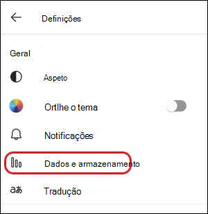 Definição de armazenamento e dados do Teams-mobile