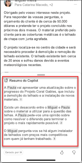 Um resumo de e-mail do Copilot no iOS e Android