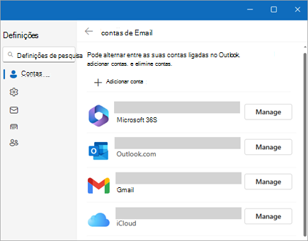 Captura de ecrã da janela Definições a mostrar a opção Gerir contas no novo Outlook