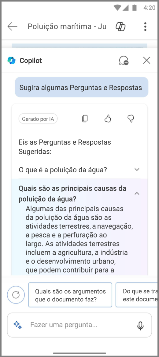 Captura de ecrã do Copilot no Word no dispositivo Android com respostas Q&As Sugeridas