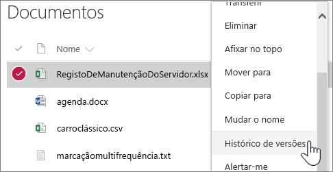 Menu de contexto da biblioteca de documentos com o histórico de versões realçado