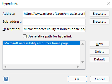 A caixa de diálogo Hiperligações no Visio para Windows.