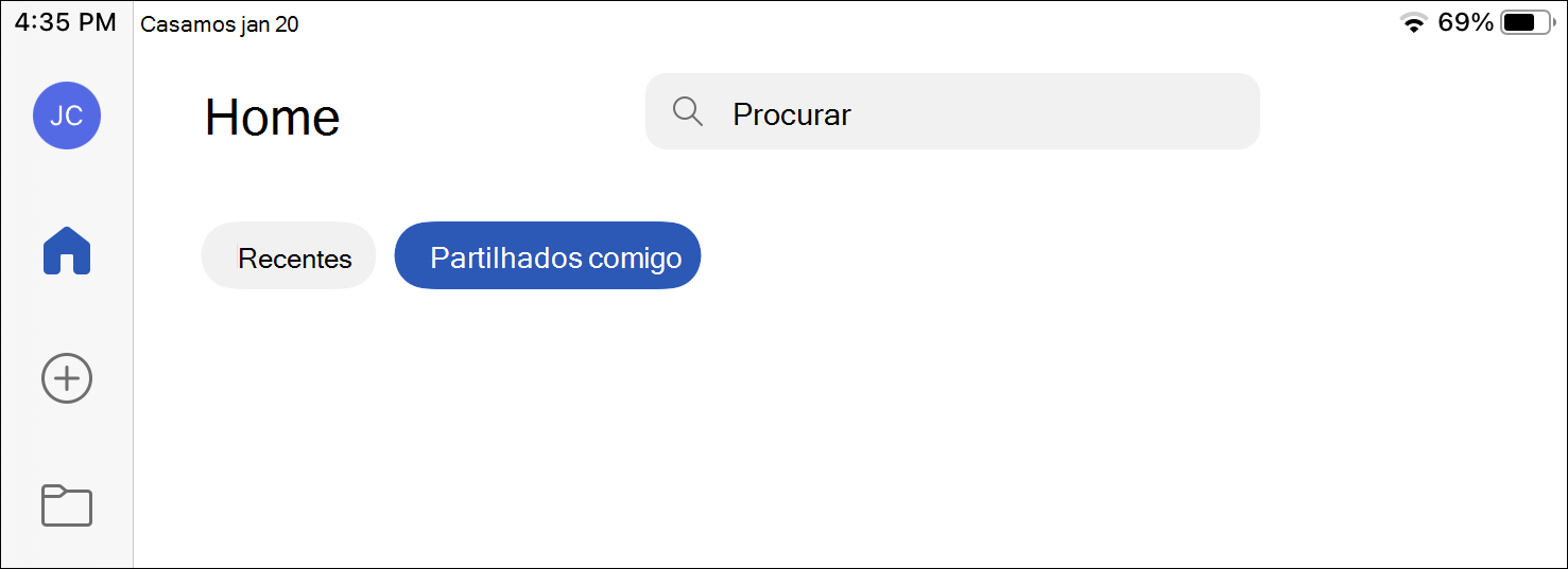 Ecrã do iPad a mostrar o ícone Base selecionado e o separador Partilhado comigo realçado.