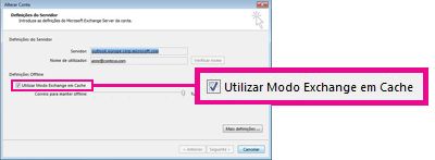 Caixa de verificação Utilizar Modo Exchange em Cache na caixa de diálogo Alterar Conta