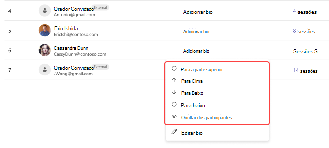 Uma captura de ecrã da reunião do Teams a mostrar a lista de participantes e as opções para ajustar as respetivas posições: superior, cima, baixo, inferior ou ocultar.