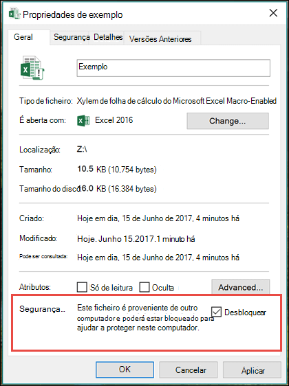 Clique com o botão direito do rato no seu ficheiro no Explorador do Windows para desbloquear as macros.