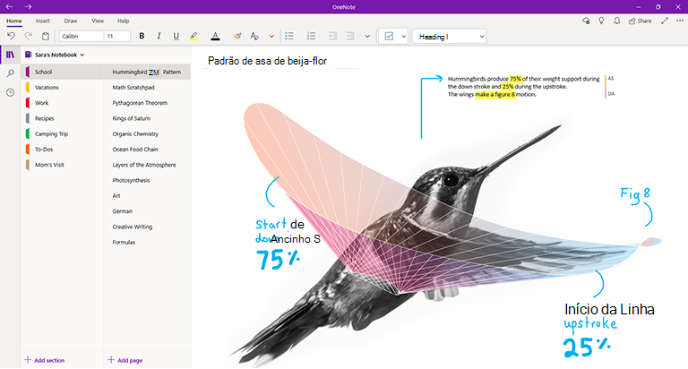 Captura de ecrã a mostrar o OneNote para Windows 10