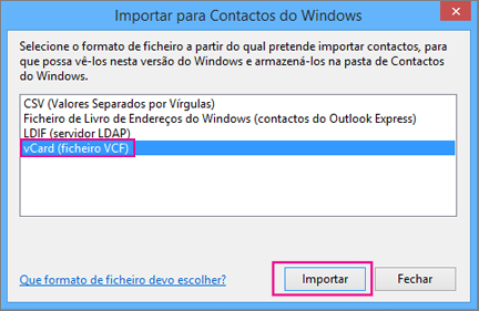 Selecione vCard e, em seguida, selecione Importar.