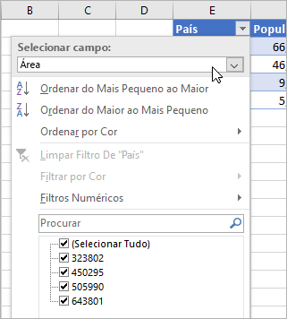 Menu Filtrar, menu Apresentar Valor, campos listados do tipo de dados ligados