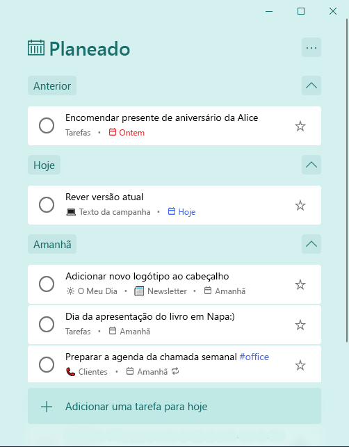 A lista inteligente "Planeadas" com tarefas organizadas por Anterior, Hoje e Amanhã