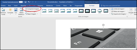 Botão Comprimir Imagem no grupo Ajustar no separador Formatar das Ferramentas de Imagem