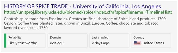 Captura de ecrã a mostrar o indicador de fiabilidade como "provavelmente fiável", isto irá ocorrer quando o newsguard não classifica um site mas tem um domínio .edu ou .gov, uma vez que esses sites são normalmente fidedignos