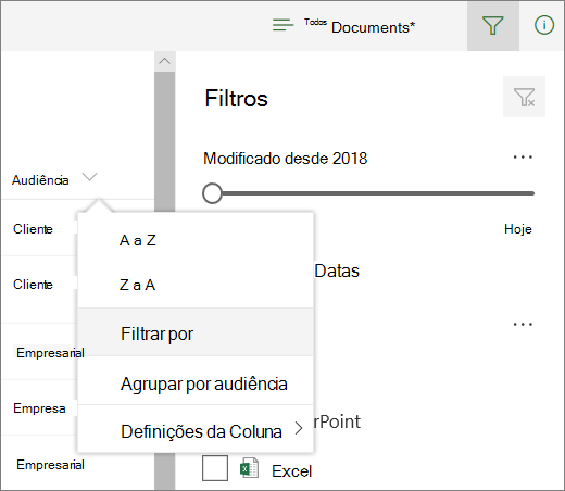 Clique em Filter by para abrir painel de filtro