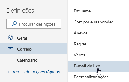 Captura de ecrã do menu Definições com o e-mail do Lixo selecionado