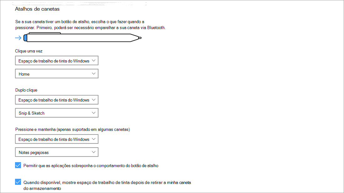 Definições de atalhos da caneta em Iniciar > Definições > Dispositivos > Caneta e Windows Ink.