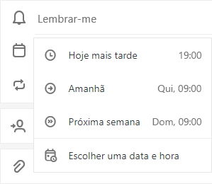 A ferramenta "Lembrar-me" selecionada, com as opções Hoje mais tarde, Amanhã, Próxima semana ou Escolher uma data e hora