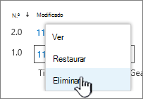 Menu de dropdown de versão com Delete em destaque