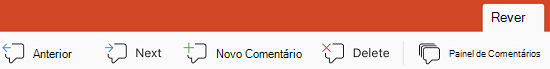 Os botões de Comentário no PowerPoint para iPad