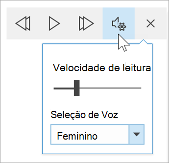 captura de ecrã da barra de ferramentas Opções de voz da Leitura avançada. O rato paira o cursor sobre as definições, revelando um botão de alternar para a velocidade de leitura e a lista de opções para seleção de voz