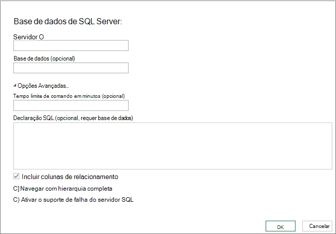 A caixa de diálogo SQL Server Base de Dados