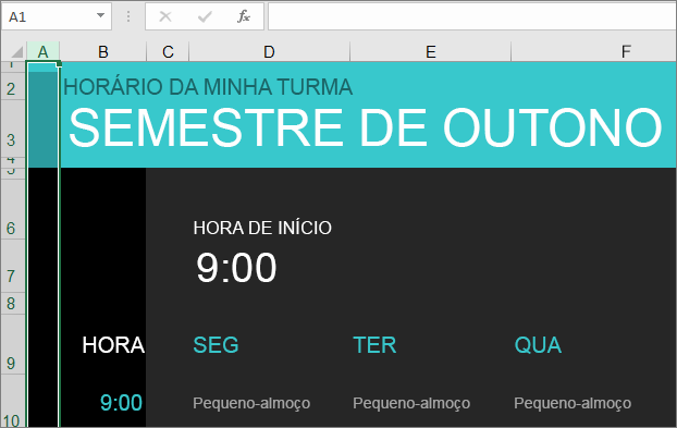 Versão antiga do modelo Gestor de Disciplinas do Excel, sem descrições dos elementos.