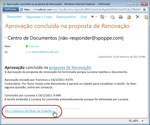 Notificação de fluxo de trabalho concluído com ligação do histórico realçada