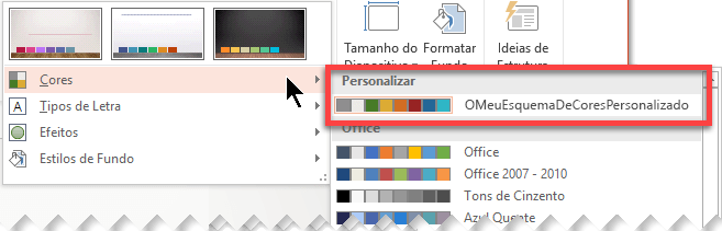 Após definir um esquema de cores personalizado, este será apresentado no menu pendente Cores