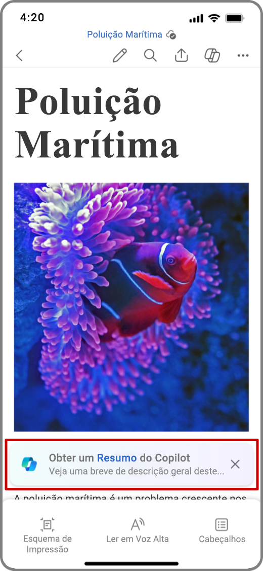 Captura de ecrã do Copilot no Word no dispositivo iOS com a sugestão de pedido Obter Resumo realçada