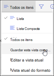 Opção Guardar Como no menu de Vista de Lista do SharePoint Online