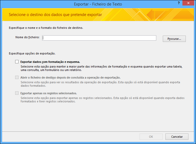 Selecione as suas opções de exportação na caixa de diálogo Exportar – Ficheiro de Texto.