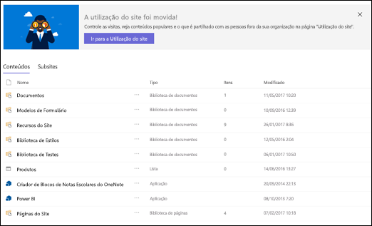 Página de conteúdos do site SharePoint