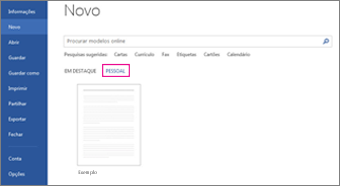 Separador pessoal, que mostra o modelo personalizado depois de clicar em ficheiro > novo