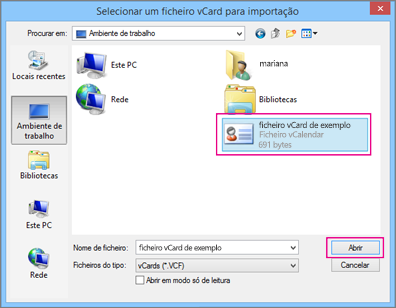 Selecione o ficheiro vCard que pretende importar para o ficheiro .csv.