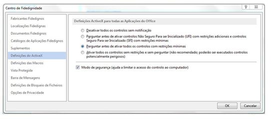 Área Definições de ActiveX do Centro de Fidedignidade