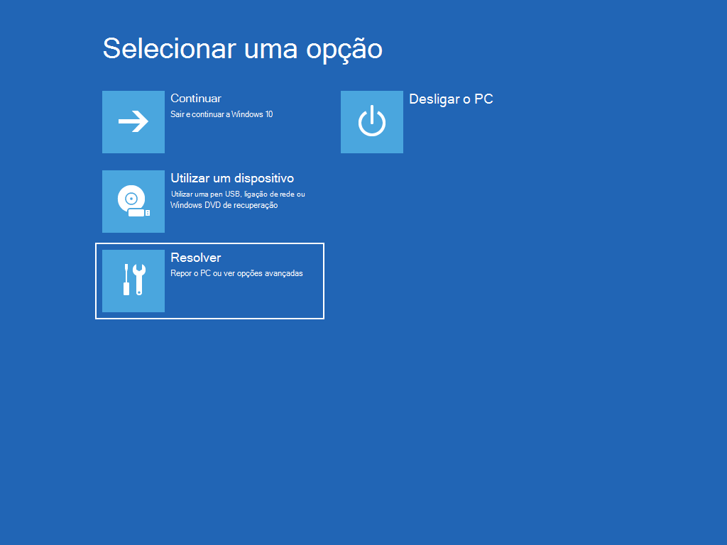 Mostra o ecrã "Selecionar uma opção", com a opção "Resolução de problemas" selecionada.