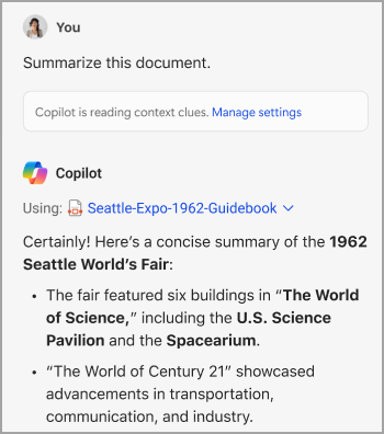 O aspeto da interface de resumo nas utilizações subsequentes com o Copilot no Microsoft Edge.