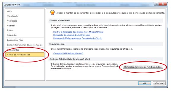 Opções do Word a mostrar as Definições do Centro de Confiança